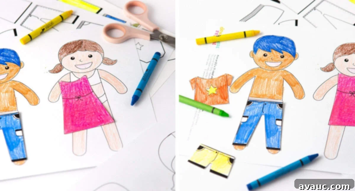 Child carefully coloring a paper doll's dress with a marker, showcasing the creative process