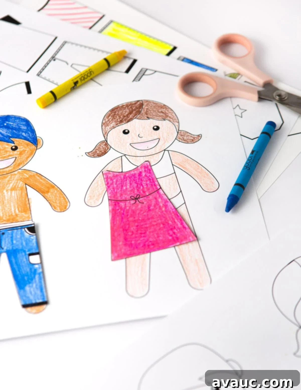 An array of colorful and detailed paper dolls and their outfits arranged for an engaging play scene