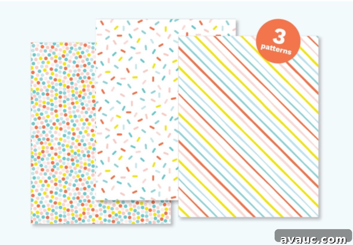 Three sheets of free printable birthday wrapping paper, showing rainbow polka dot, sprinkle, and stripe designs, laid out ready for assembly.