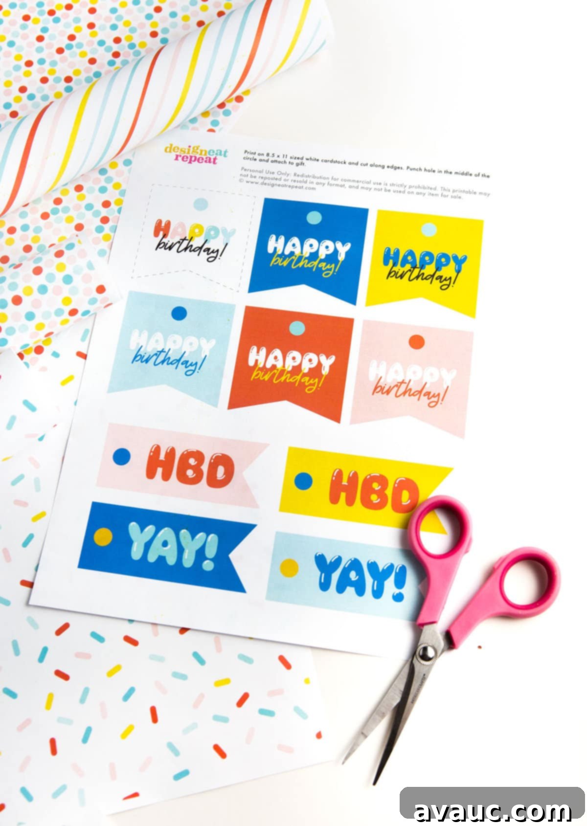 Sheet of colorful Free Printable Happy Birthday Tags with phrases HBD, YAY, and Happy Birthday!