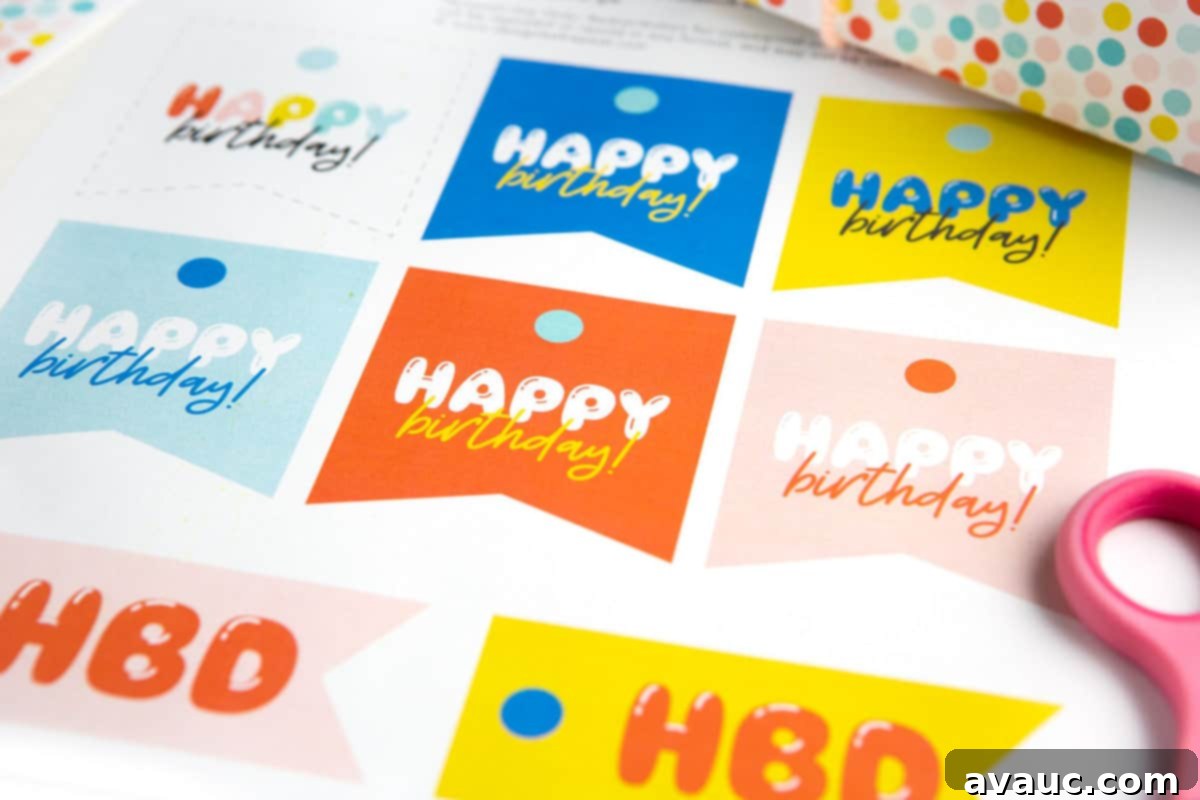 Sheet of colorful Free Sheet of Printable Happy Birthday Tags with phrases HBD, YAY, and Happy Birthday!