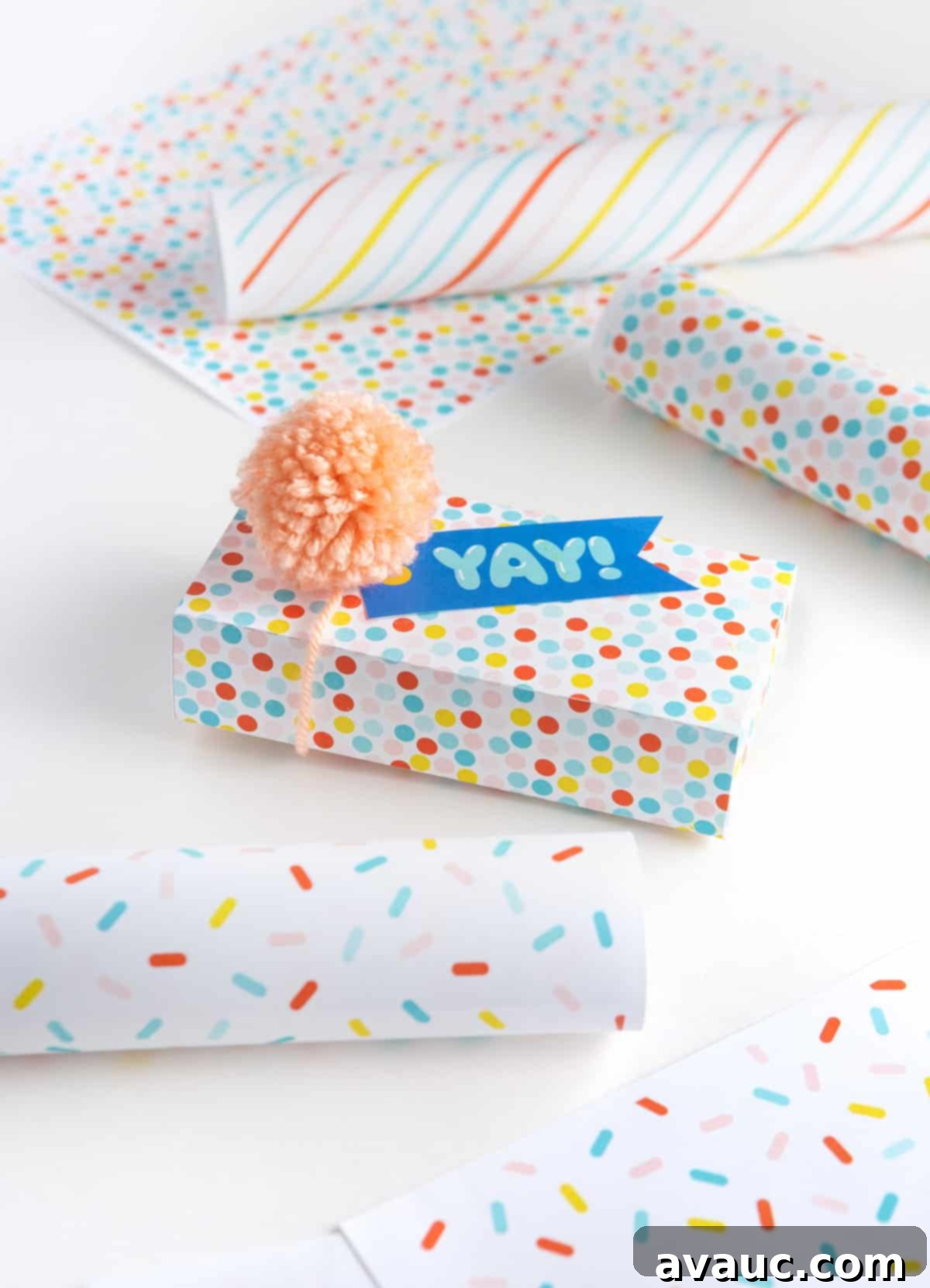 YAY printable happy birthday tag on colorful polka dot gift box