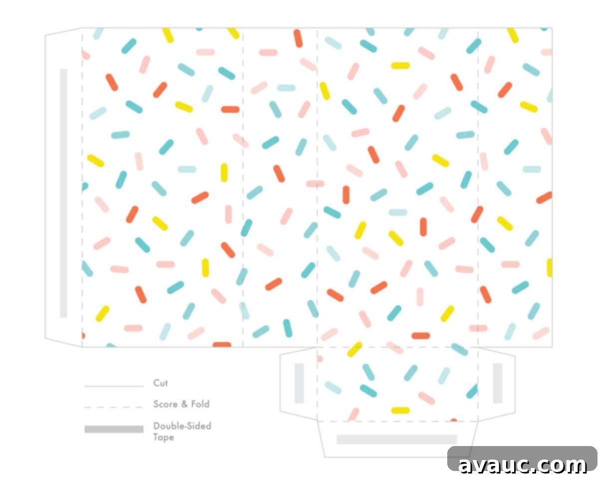 Craft Your Own Party Treat Bags 3 Overhead view of several printable sprinkle party bags laid out, showcasing their colorful design.
