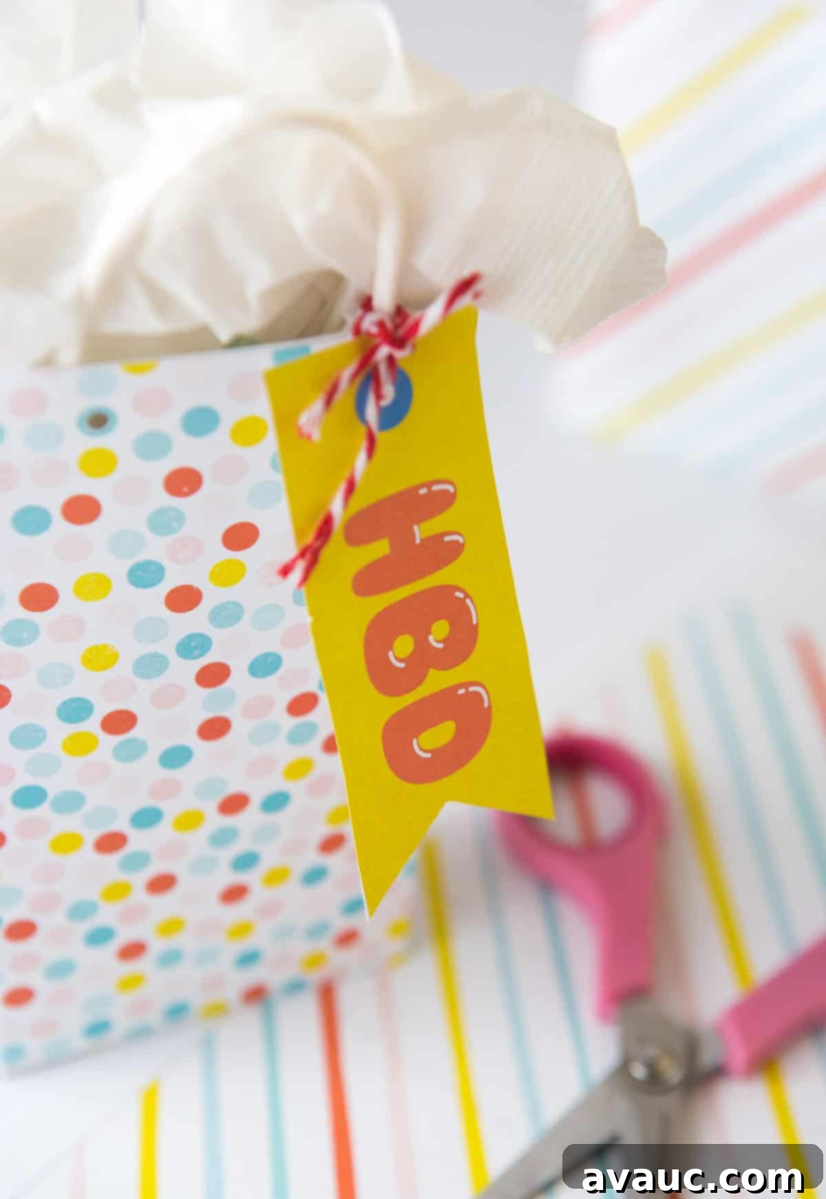 Craft Your Own Party Treat Bags 6 Fully assembled sprinkle party favor bag, tied with baker's twine and a tag, filled with goodies.