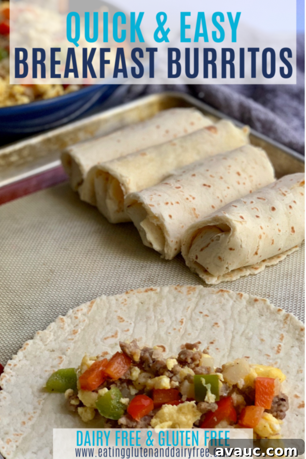 A perfectly wrapped gluten-free breakfast burrito, revealing a delicious filling of scrambled eggs, breakfast sausage, colorful bell peppers, and diced potatoes.