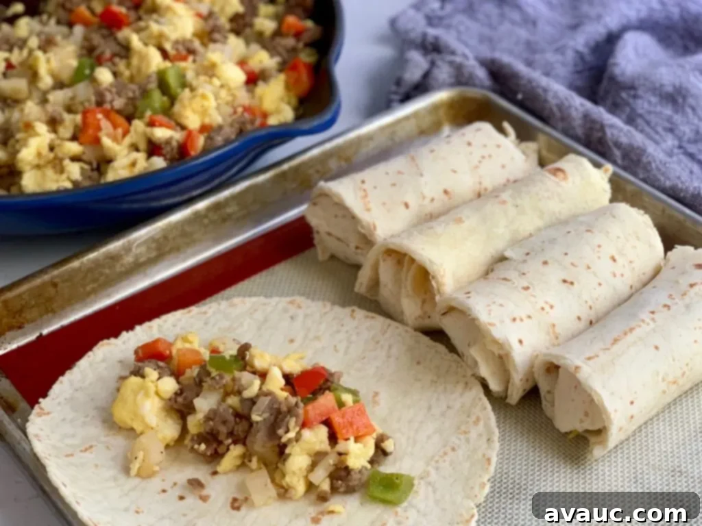 A colorful array of breakfast burrito ingredients artfully arranged on a gluten-free tortilla, showcasing scrambled eggs, breakfast sausage, diced potatoes, and vibrant bell peppers.