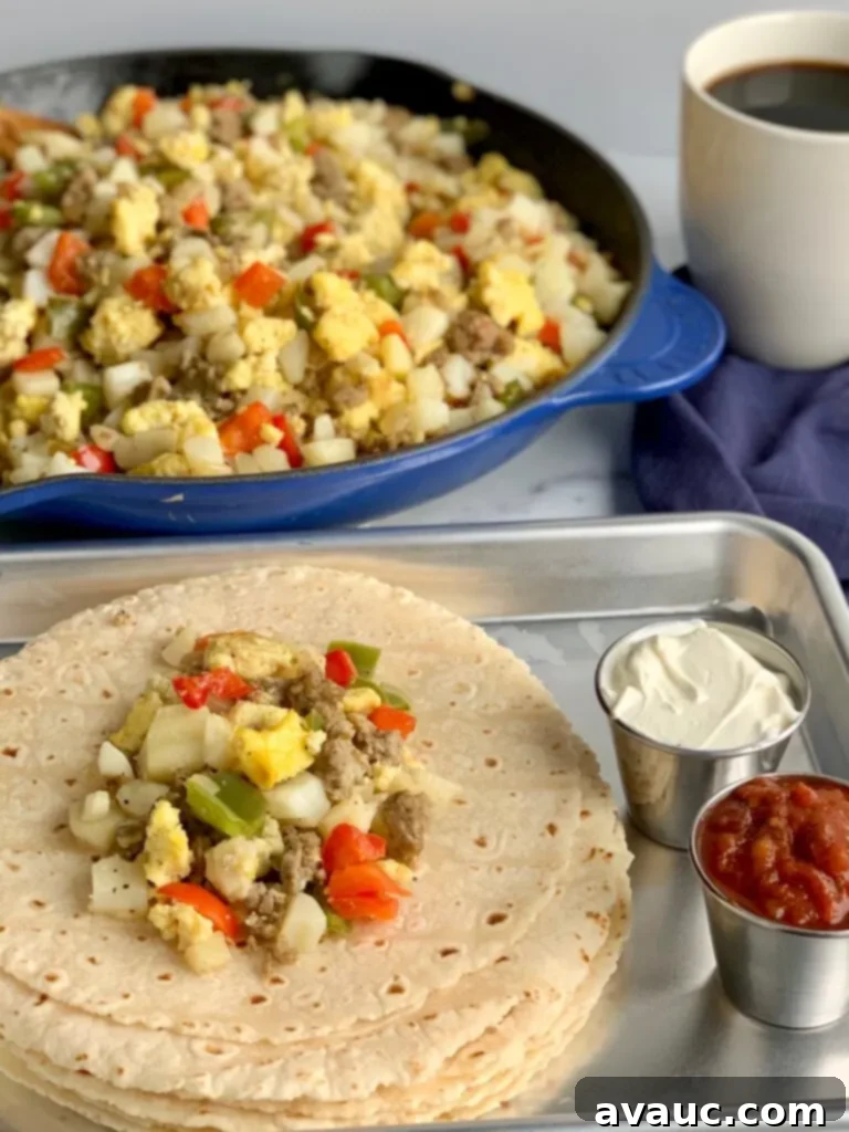 A close-up shot of a deliciously warm breakfast burrito, sliced open to reveal its hearty filling, ready to be enjoyed.