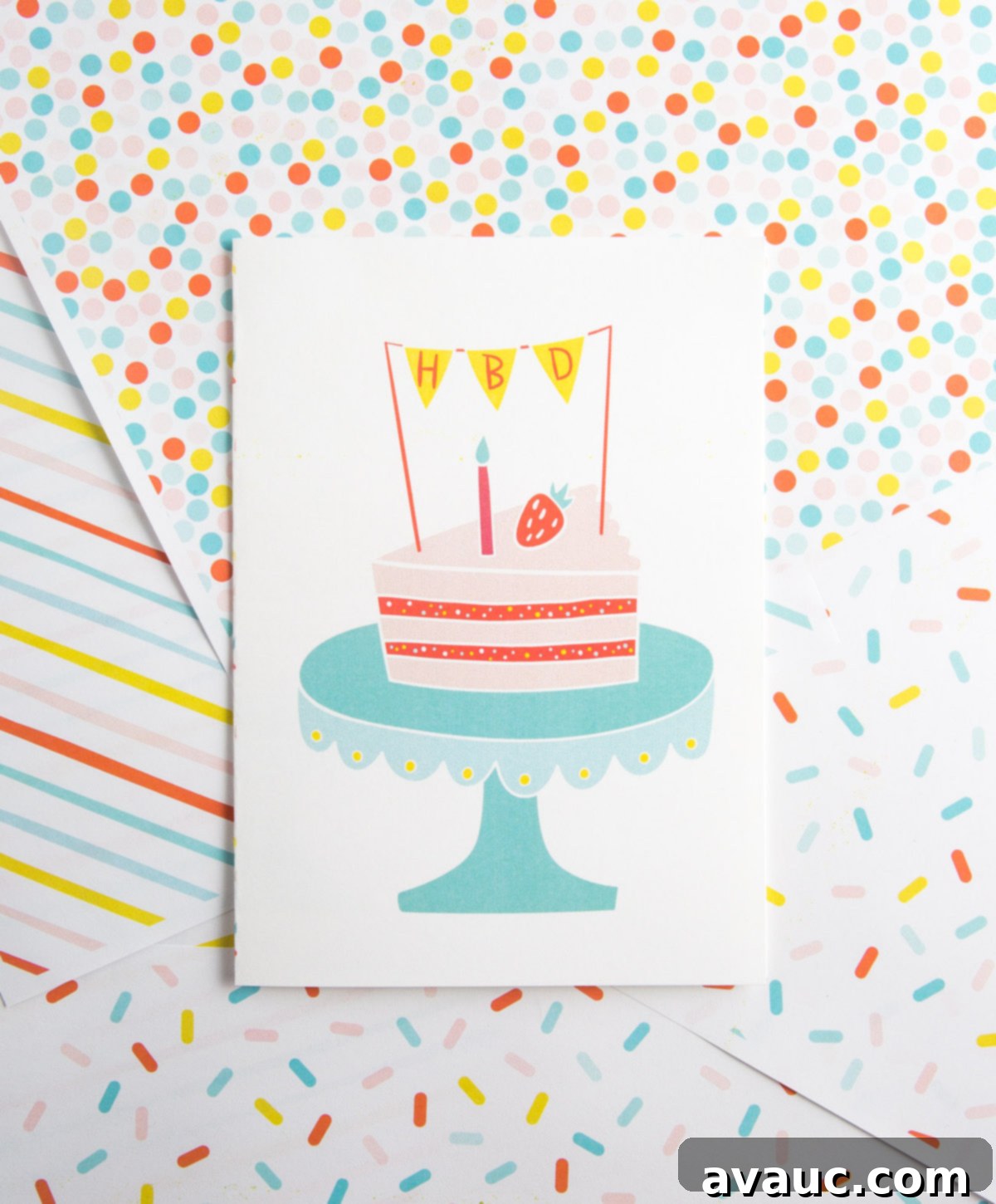 Free Printable Cake Birthday Card - slice of cake on cake stand with HBD pennant banner