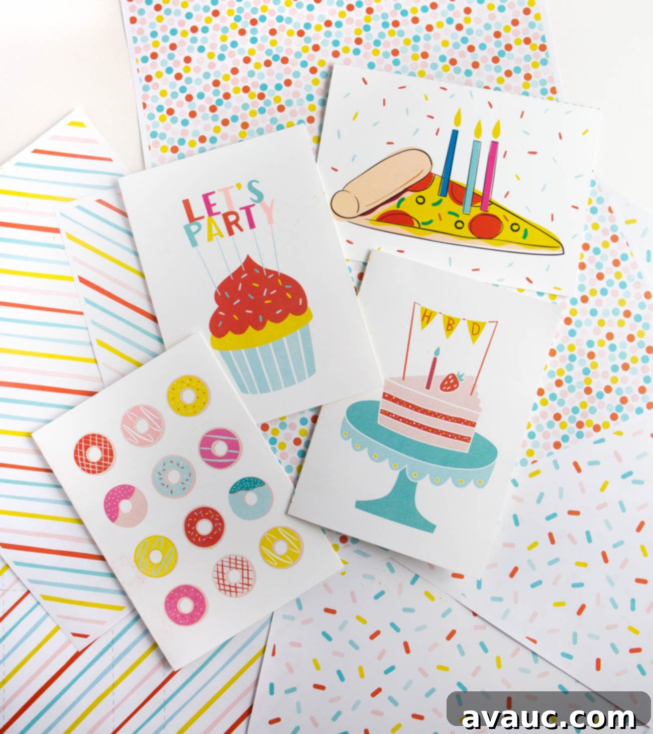 Four free printable birthday cards with donuts, cupcake let's party, pizza, and cake with HBD message