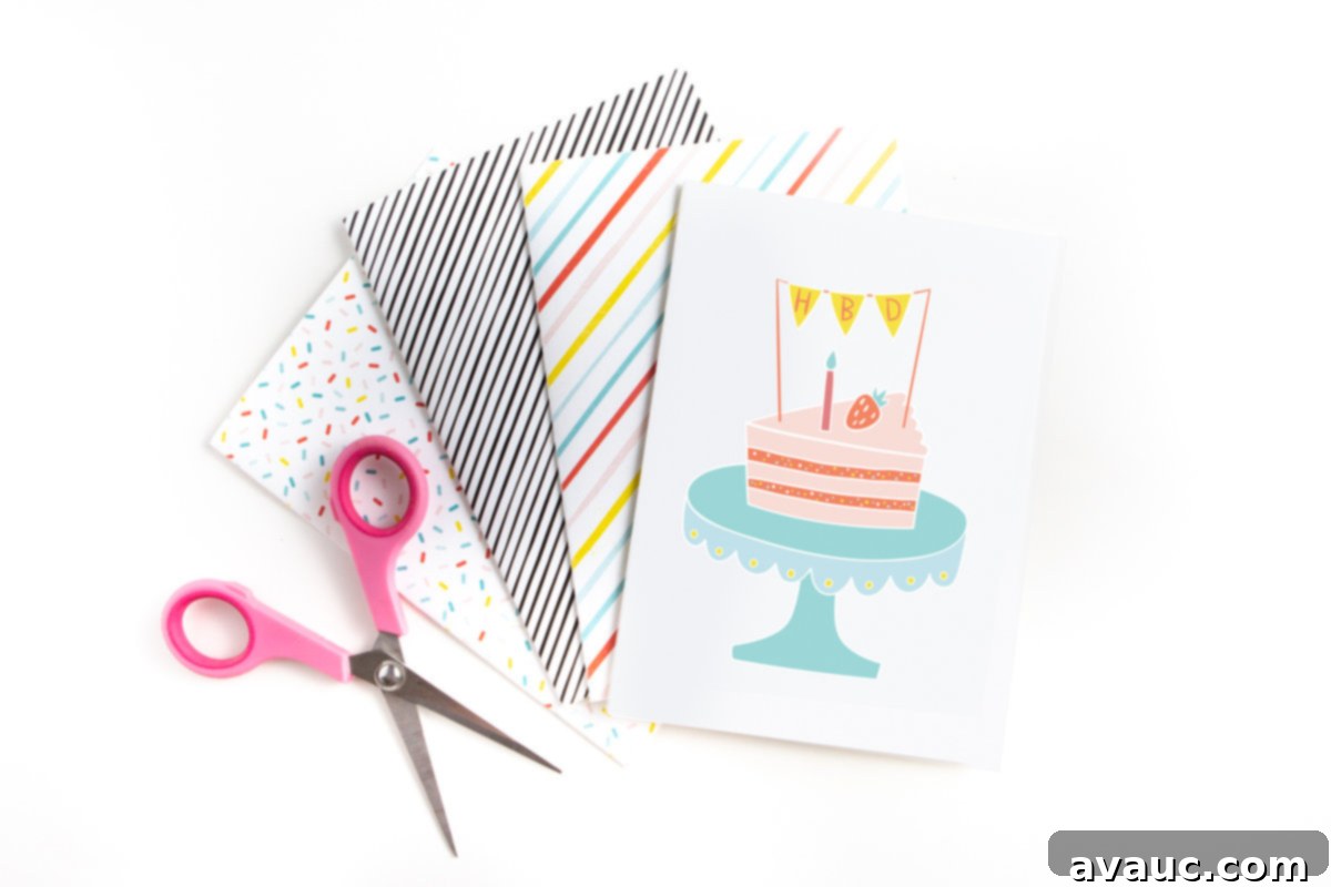 4 printable birthday cards with pink scissors