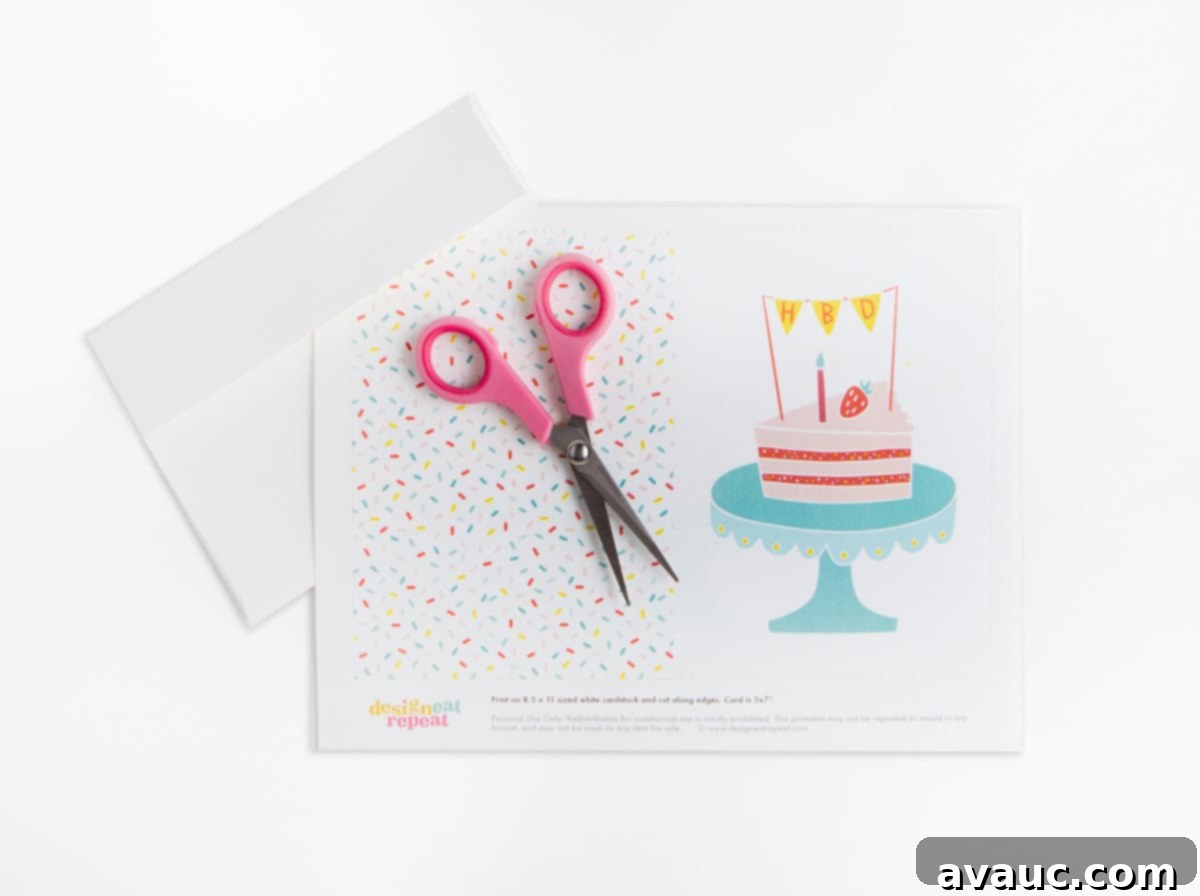 Sheet of Free Printable Cake Birthday Card - slice of cake on cake stand with HBD pennant banner