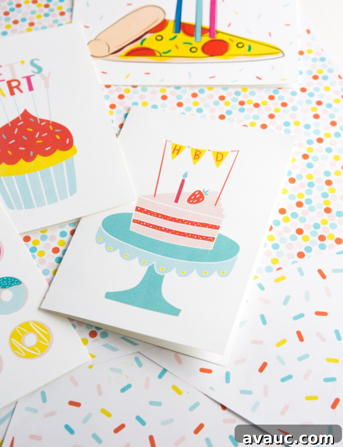 Free Printable Cake Birthday Card - slice of cake on cake stand with HBD pennant banner