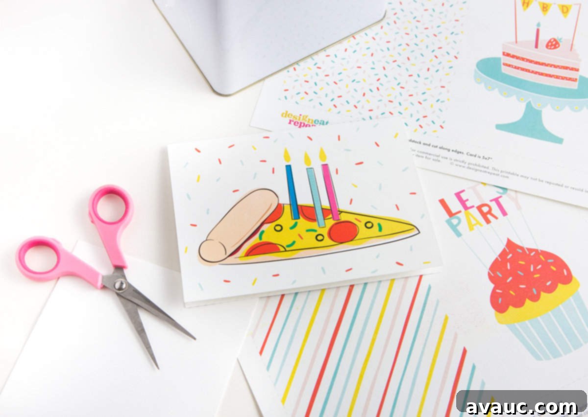 DIY Pizza Birthday Card 2 Colorful Pizza Printable Birthday Card with Candles and Sprinkles