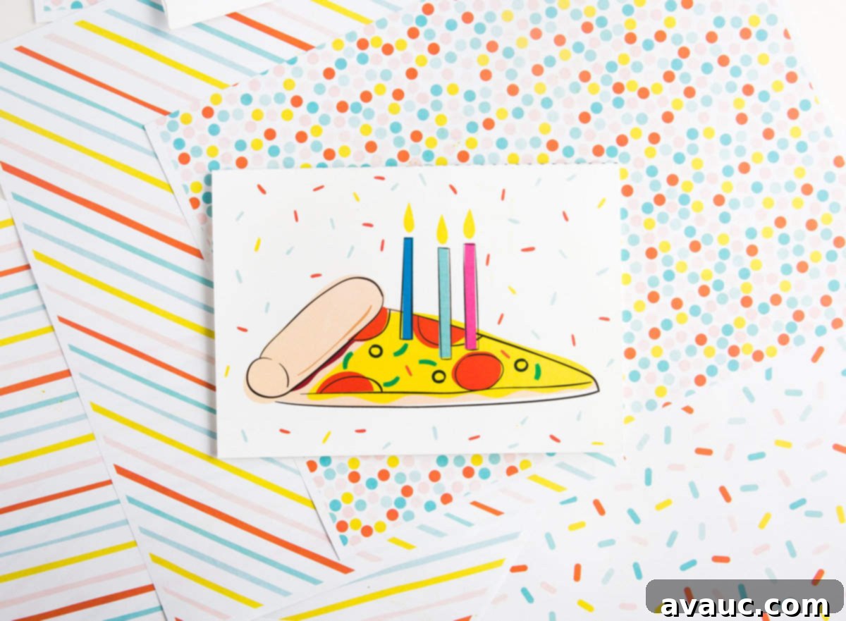 DIY Pizza Birthday Card 7 Colorful Pizza Printable Birthday Card with Candles and Sprinkles
