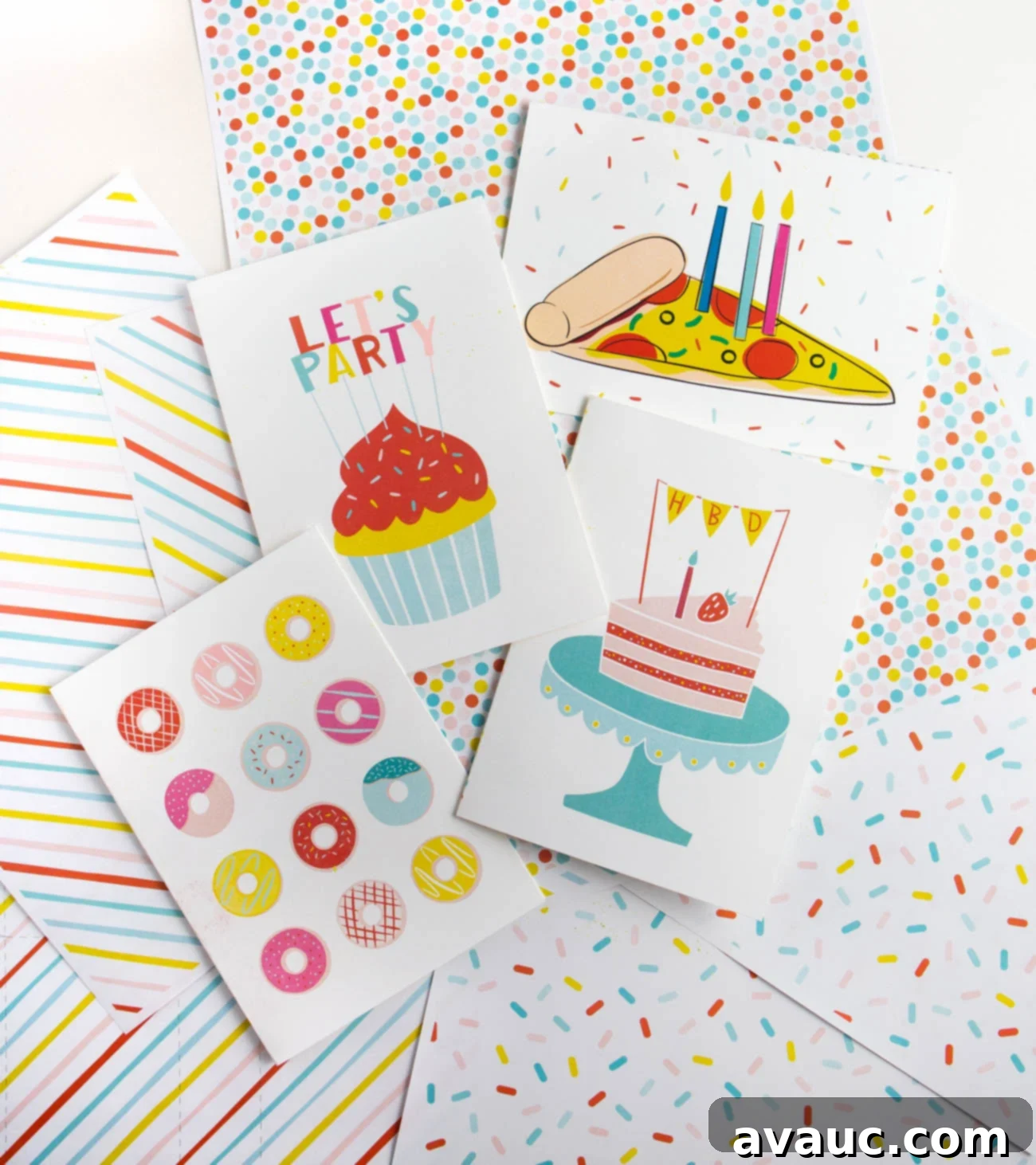 Donut Birthday Delight 9 Collection of four free printable birthday cards featuring donuts, cupcakes, pizza, and cake designs