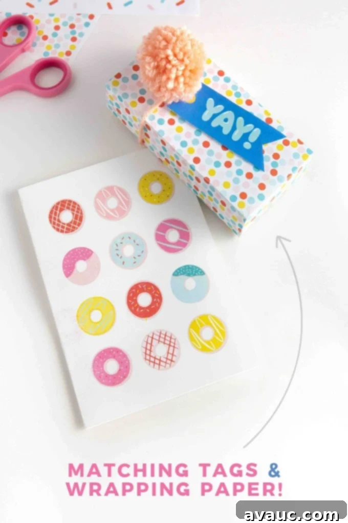 Donut Birthday Delight 7 Free donut printable birthday card paired with printable gift wrap and a 'YAY' happy birthday gift tag, showcasing a complete DIY gift set