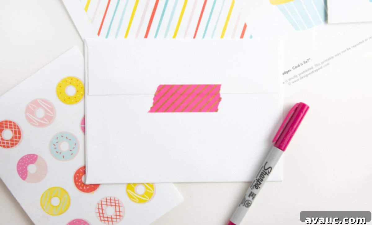 Donut Birthday Delight 8 Envelope with a playful pink washi tape decoration for a free donut printable birthday card, adorned with rainbow donuts and sprinkles