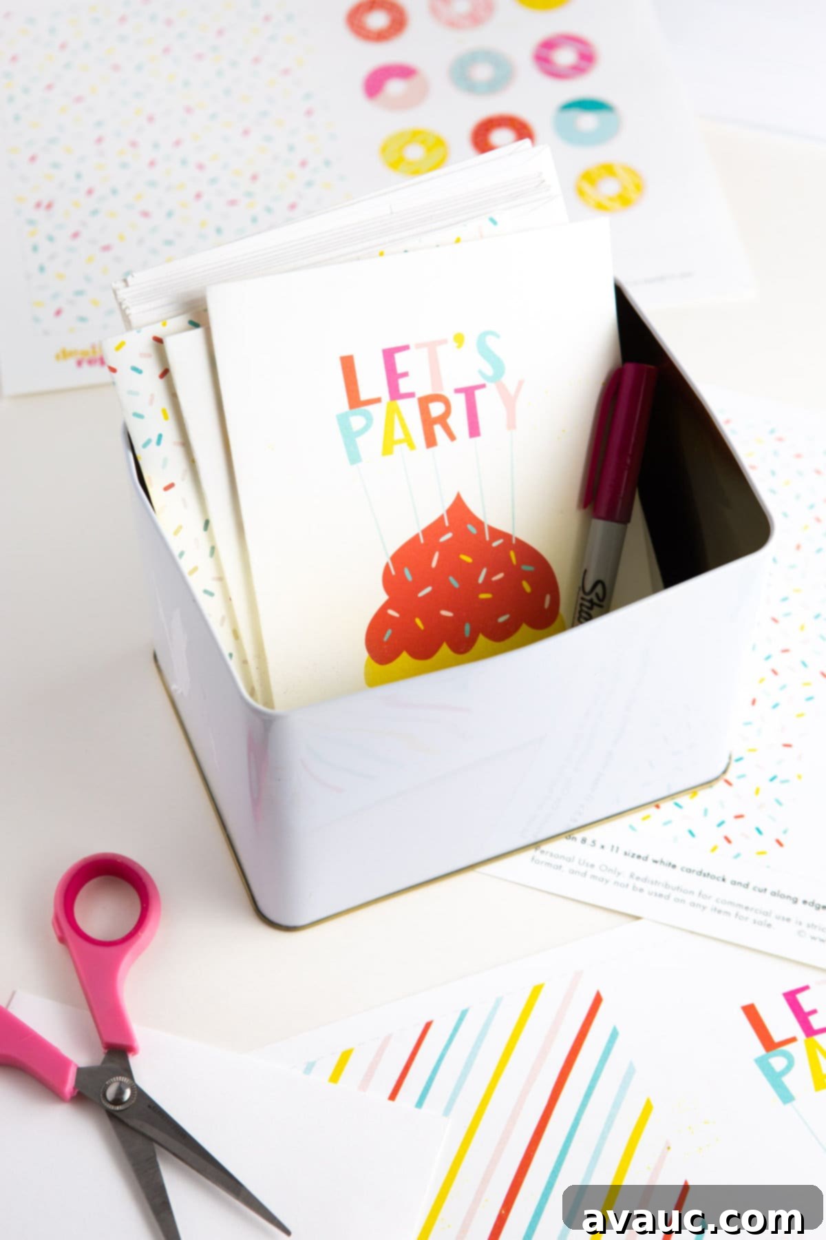 Sweetest Printable Birthday Treat 3 Craft supplies including scissors, cardstock, and a printed birthday card design