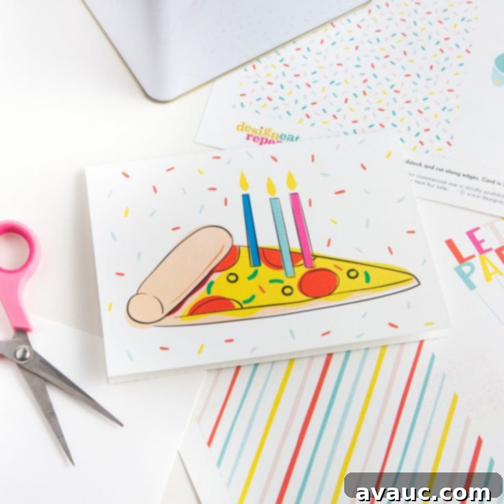 Pizza themed printable birthday card with pepperoni and cheese