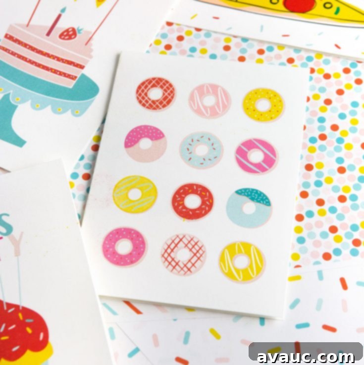 Donut themed printable birthday card with colorful donuts and sprinkles