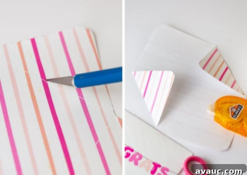 Hands demonstrating the cutting and folding process for a printable baby card and its matching envelope, highlighting precision.