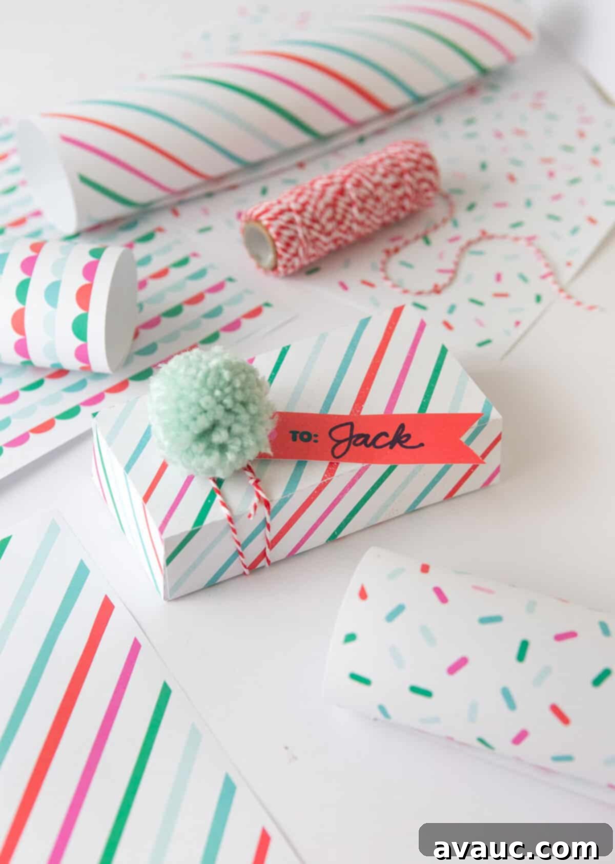 Instant Holiday Gift Wrap Prints 5 A collection of beautifully wrapped Christmas gifts using free printable paper and various embellishments.