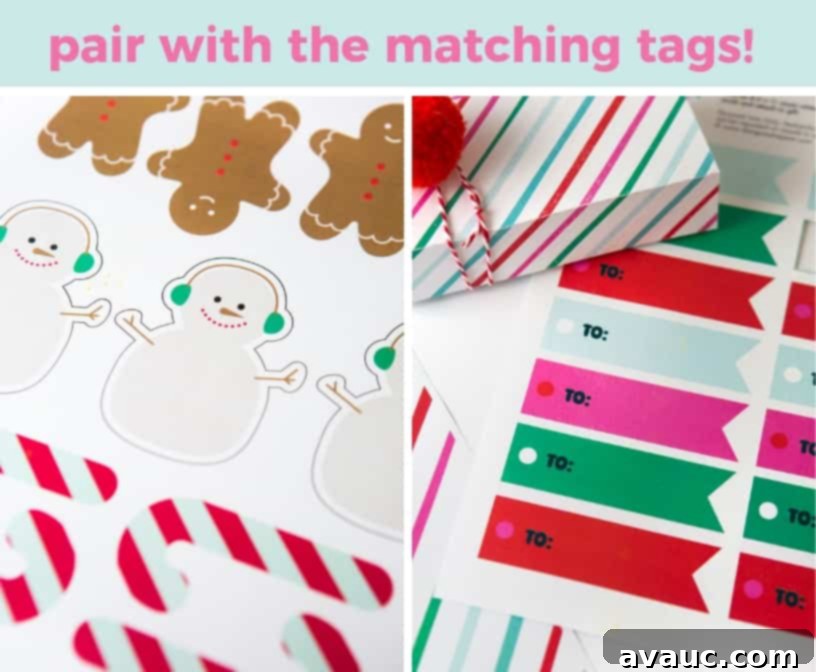 A close-up of a small gift wrapped in sprinkle pattern printable Christmas paper with a ribbon and gift tag.