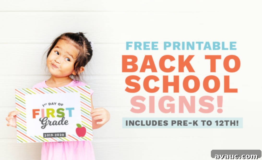 Kids holding Free Printable First Day of School Signs in a group photo, celebrating new school year