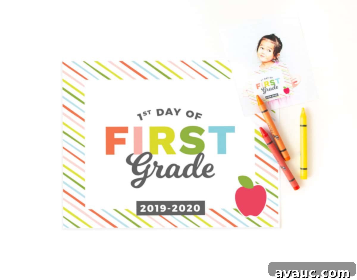 Child proudly displaying a colorful 'First Day of School' sign, perfect for capturing memories