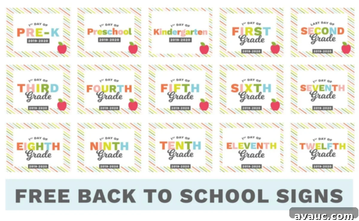 Full display of all Free Printable Back to School and Last Day of School Signs for various grades