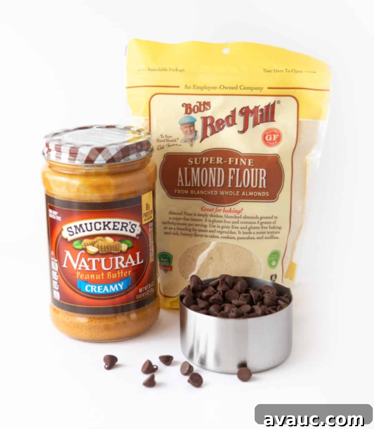 Ingredients for Gluten Free Peanut Butter Chocolate Chip Cookies - Bobs Red Mill Almond Flour, Smuckers Natural Creamy Peanut Butter, Semi Sweet Chocolate Chips