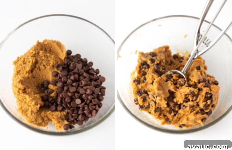 Mixing bowl of cookie dough and chocolate chips for Chewy and Soft Gluten Free Peanut Butter Chocolate Chip Cookies