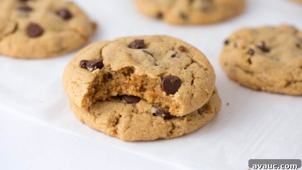 Bite out of a Chewy and Soft Gluten Free Peanut Butter Chocolate Chip Cookie, showing the soft interior and melted chocolate