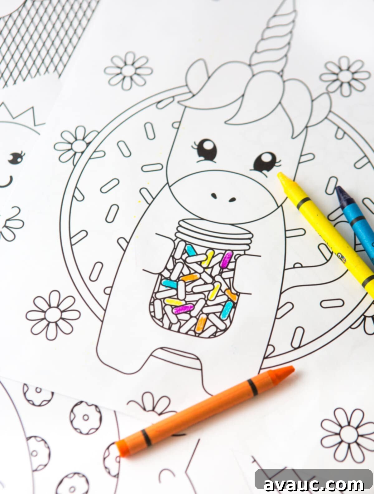 Close-up of a vibrantly colored unicorn coloring page with sprinkles, demonstrating creative potential