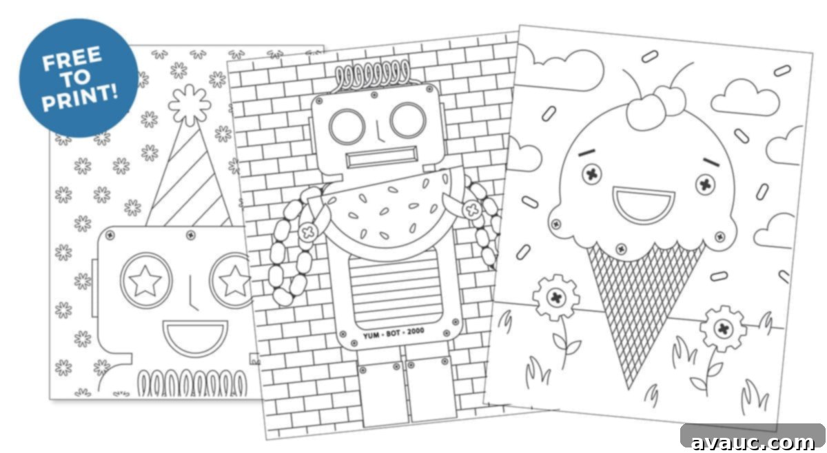 Fun Robot Coloring Pages to Print 3 A child's hands coloring a robot on a table with colorful pencils.