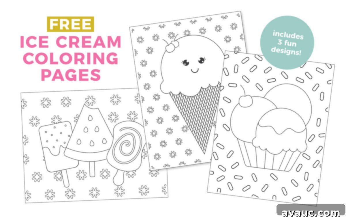 8 Free Printable Coloring Pages for Little Artists 6 Three different ice cream coloring pages showing cones, sundaes, and a popsicle, perfect for summer fun