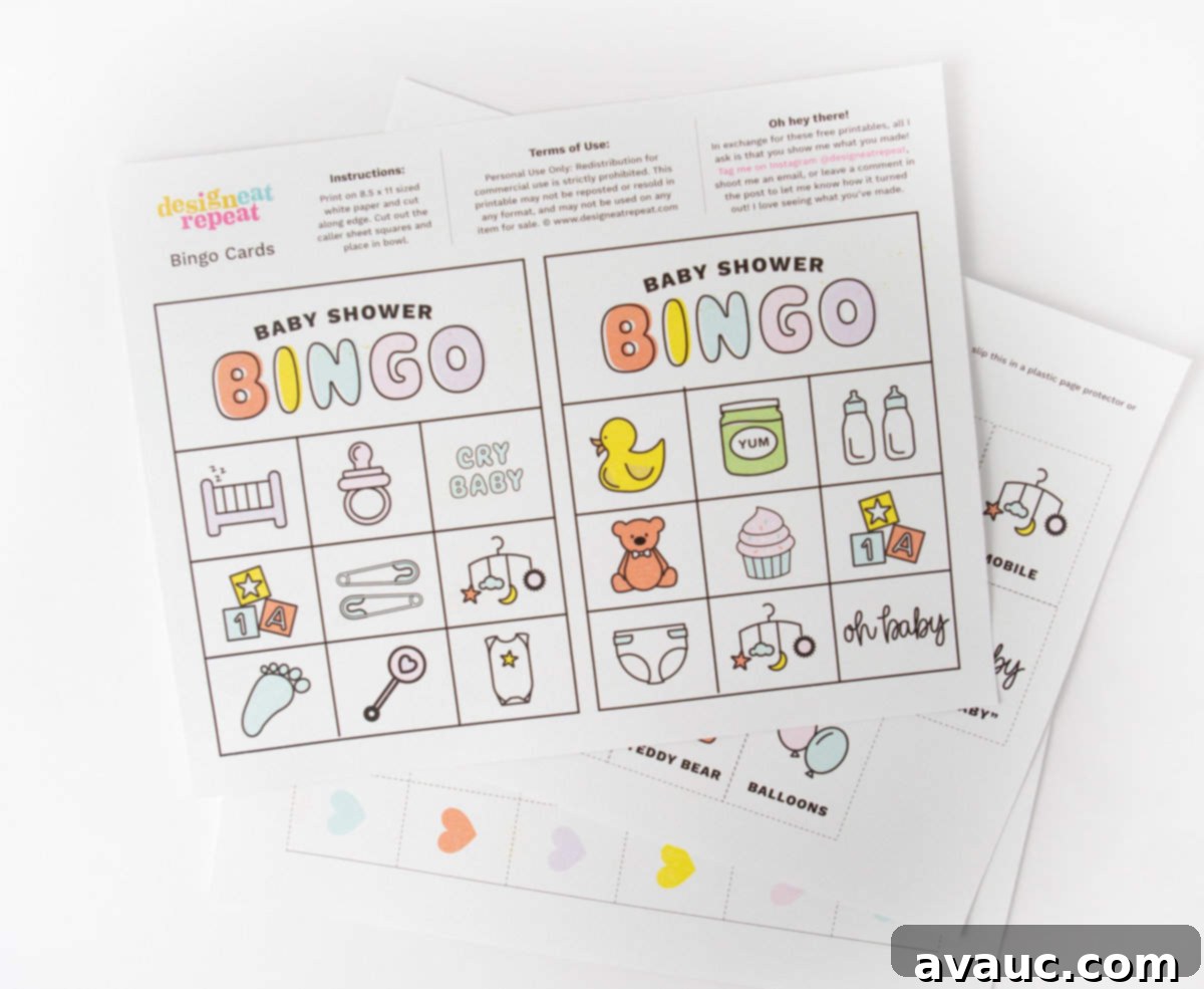 Printed sheet of baby shower bingo cardsa