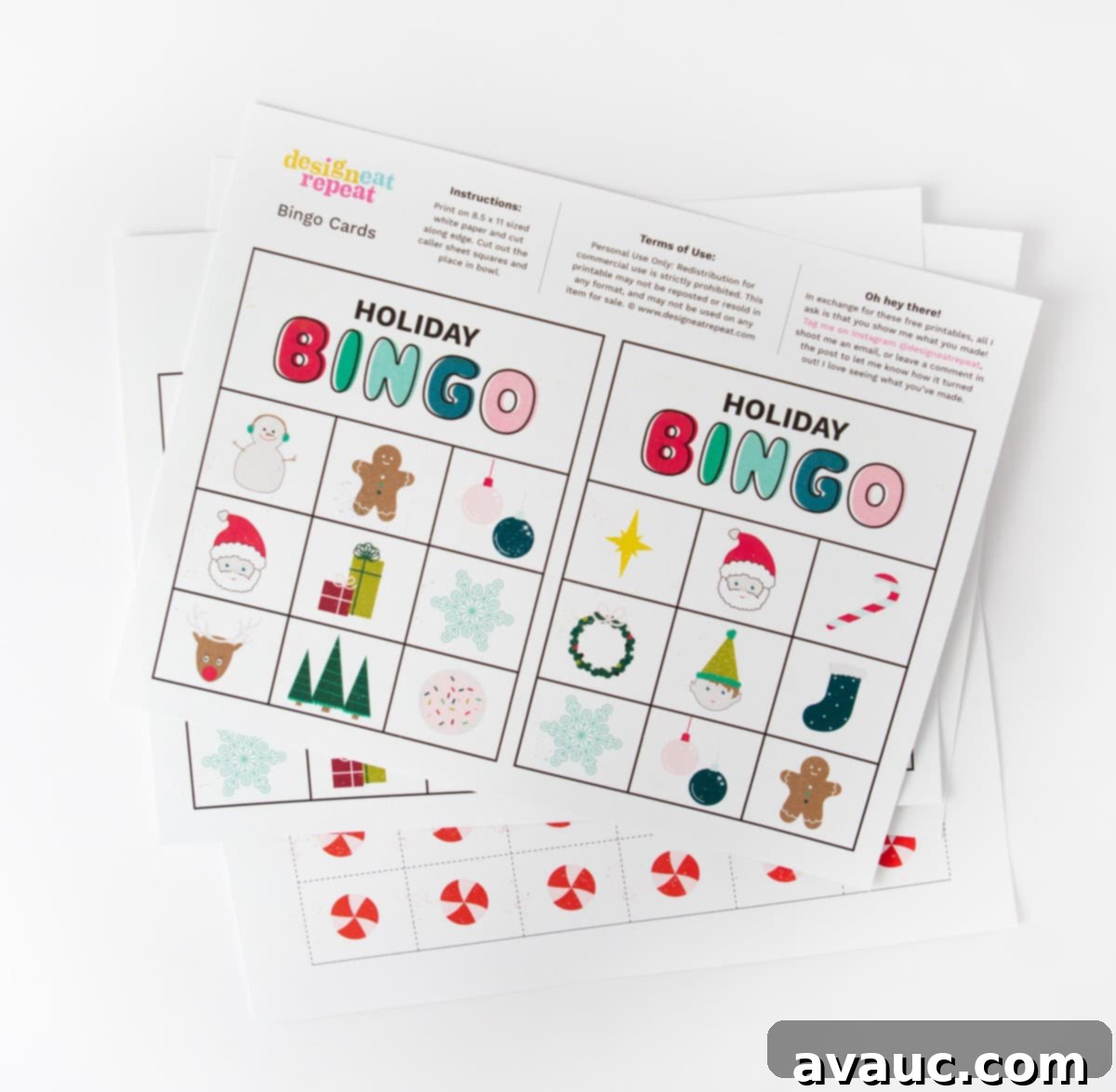 A printed sheet with two Christmas bingo cards on white cardstock.
