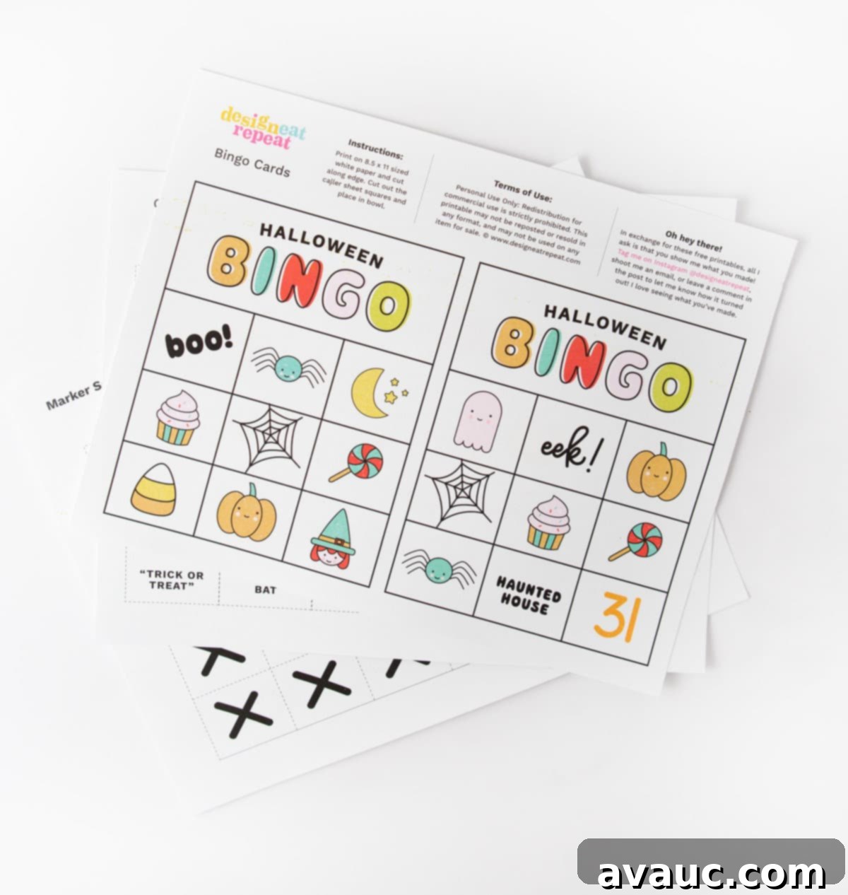 Spooktacular Halloween Bingo Fun 4 Printed pages of free printable Halloween bingo cards with icons and pictures: pumpkin, witch, lollipop, cauldron, spider, ghost