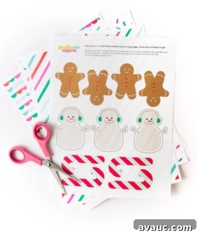 Printed sheet of Snowman, gingerbread man, and candy cane printable Christmas gift tags