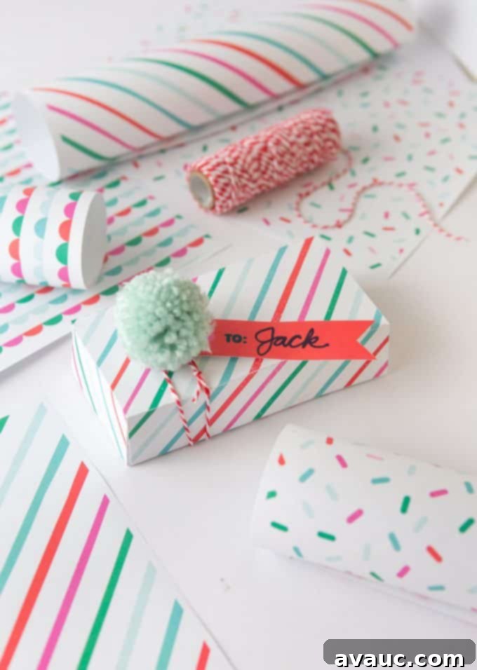 Printable striped gift box with "TO: JACK" gift tag