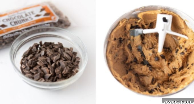 Peanut Butter Chocolate Chip Dream 7 Bowl of chocolate chunks and bowl of mixed peanut butter chocolate chip cookie dough