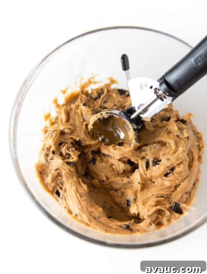 Peanut Butter Chocolate Chip Dream 8 Bowl of peanut butter chocolate chip cookie dough with 3 tablespoon cookie scoop