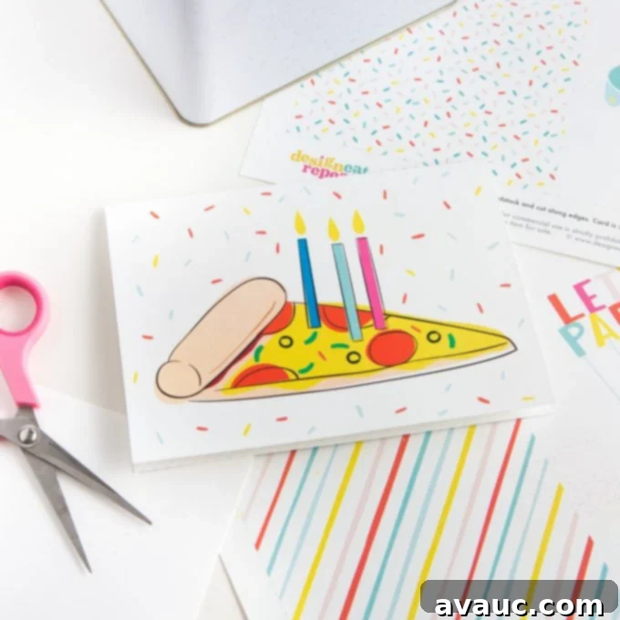 Print Your Own: 4 Free Birthday Cards for Adults 4 Close-up of a free printable pizza themed birthday card.