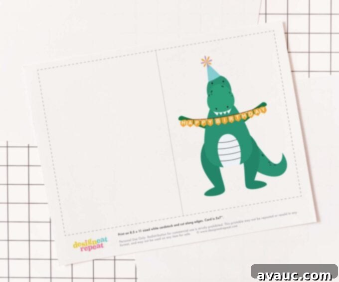 Roar-some Printable Dino Birthday Card 3 Greeting card featuring a friendly green dinosaur holding a happy birthday banner