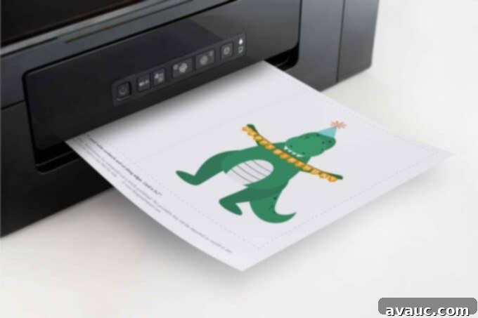 Roar-some Printable Dino Birthday Card 4 Printer actively printing a vibrant printable dinosaur birthday card