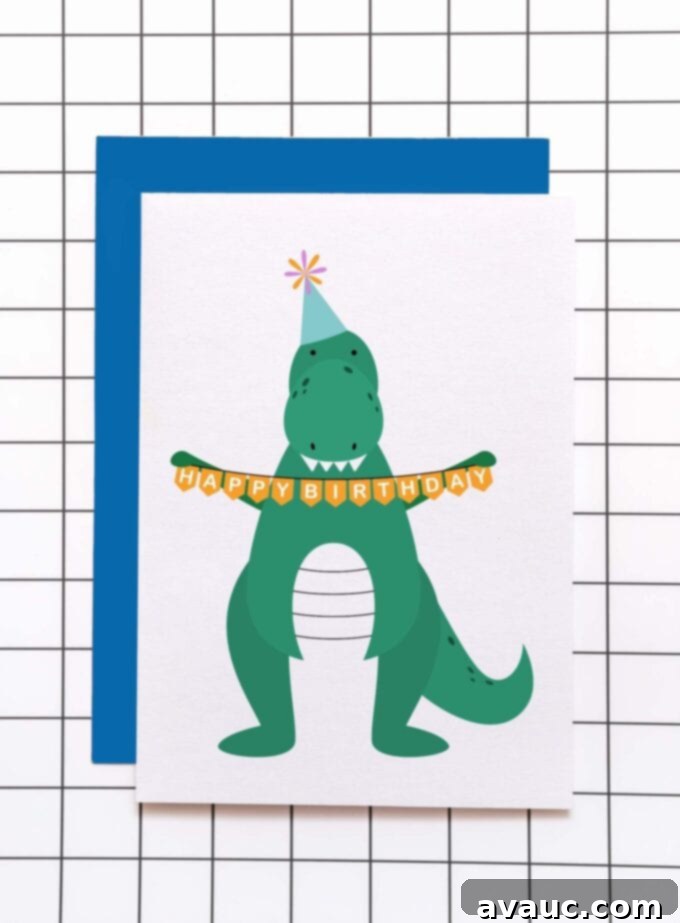 Roar-some Printable Dino Birthday Card 5 Finished greeting card of green dinosaur holding happy birthday banner, ready for gifting