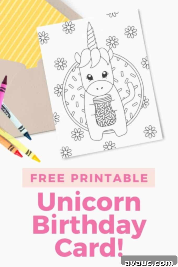 Magical Unicorn Birthday Printable 2 Printed 5x7 birthday card with unicorn sprinkle design. Includes kraft paper envelope and crayons, ready for a magical birthday wish.