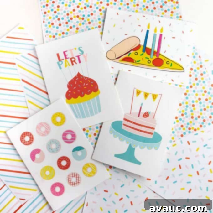 Magical Unicorn Birthday Printable 7 Assortment of colorful printable birthday cards; includes cupcake, pizza, cake, and donut designs, offering variety for celebrations.