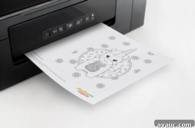 Magical Unicorn Birthday Printable 4 Printer with a colorful unicorn birthday card actively coming out, demonstrating the ease of printing.
